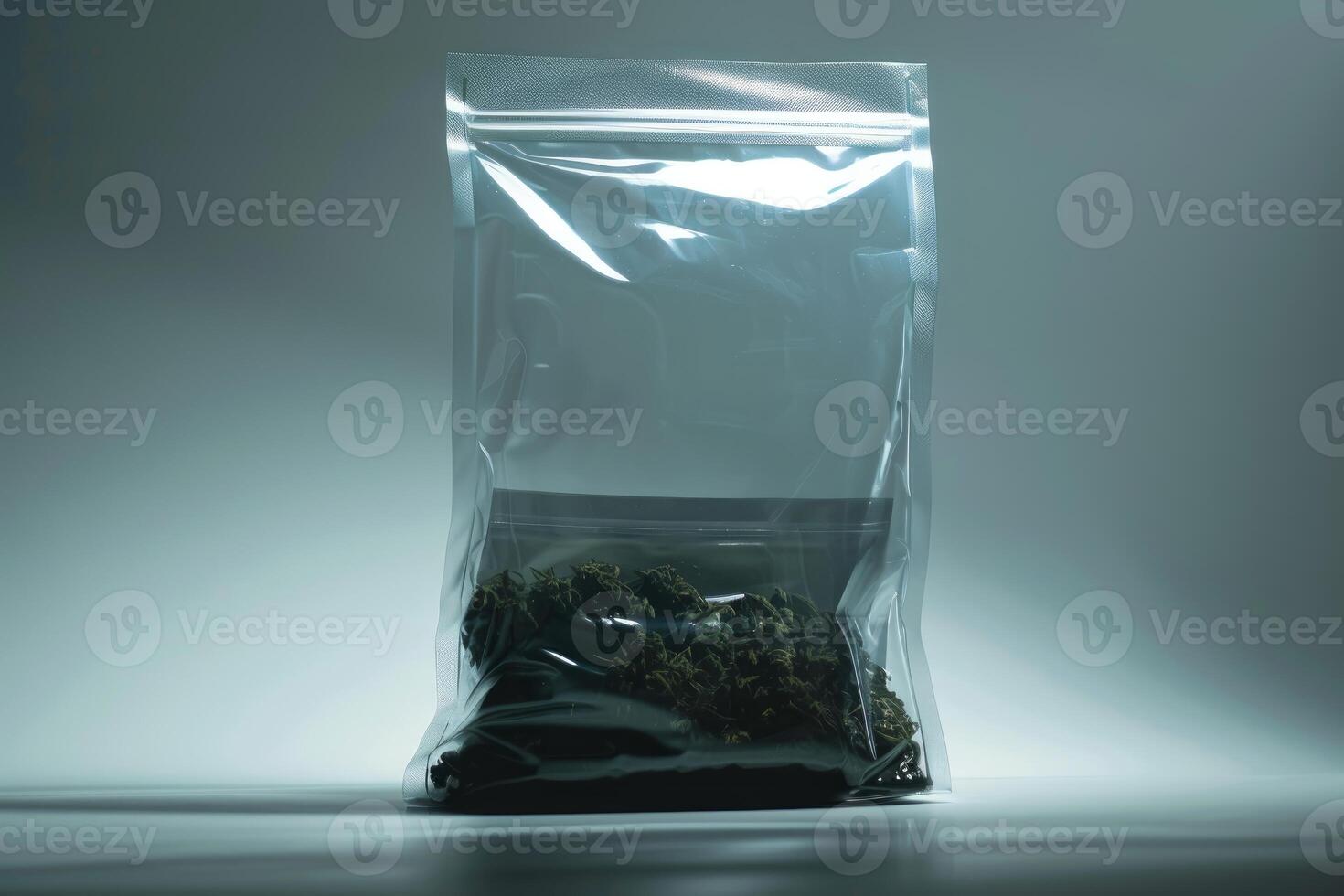 Transparent plastic pouch filled with marijuana buds on reflective surface photo