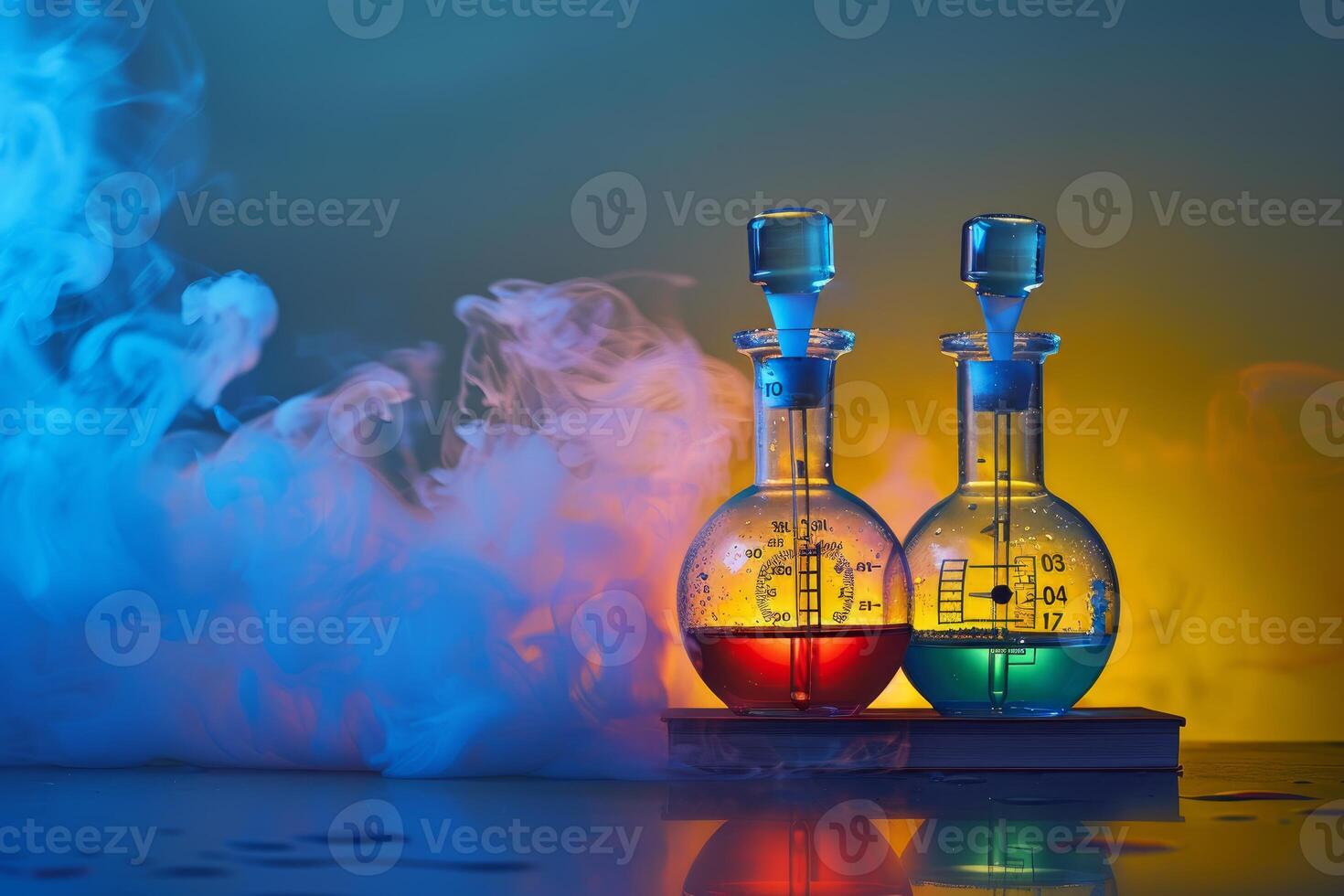 Chemical reaction producing colorful smoke in flasks photo