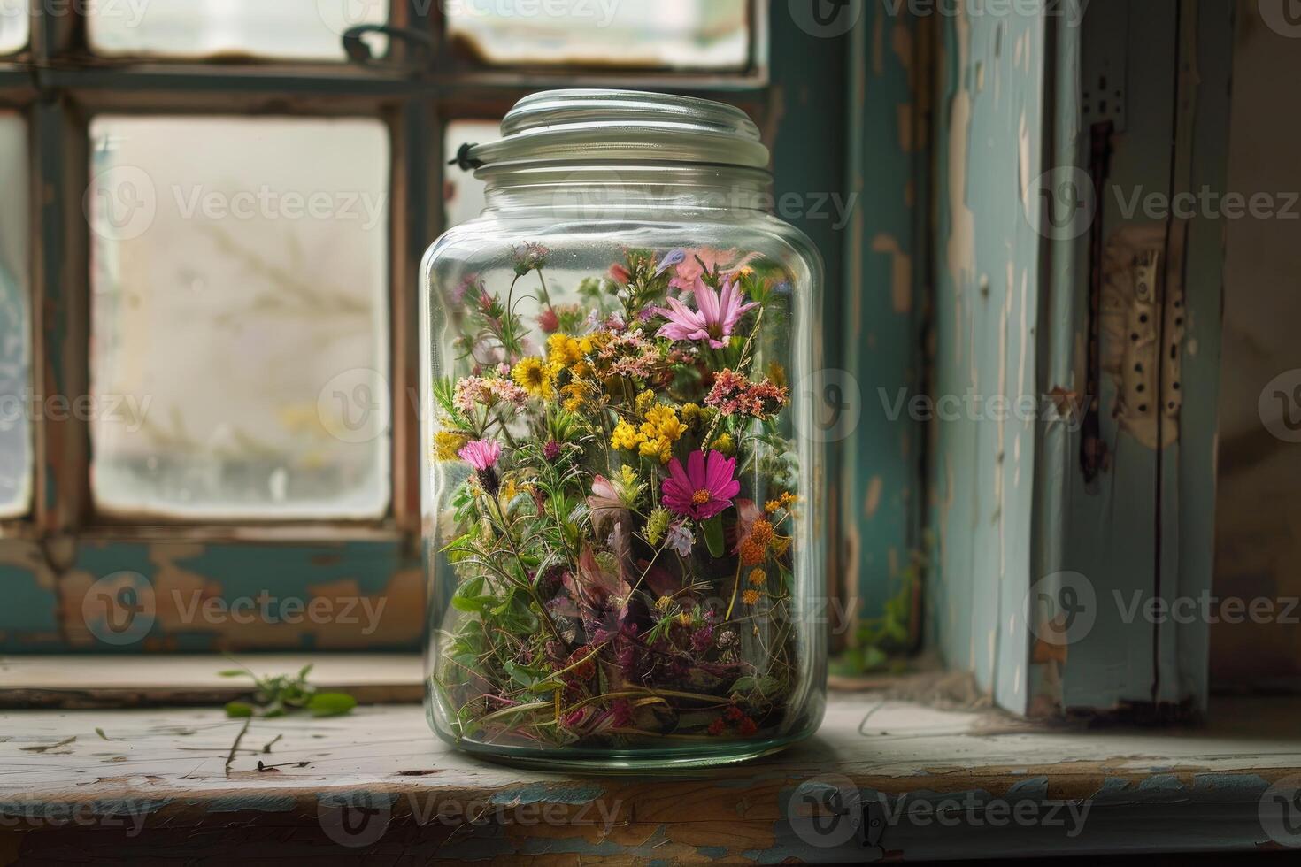 Glass jar full of colorful wildflowers is standing on rustic window sill photo