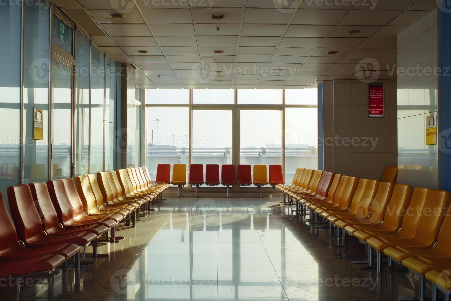 Empty airport terminal waiting area with nobody waiting for flight photo
