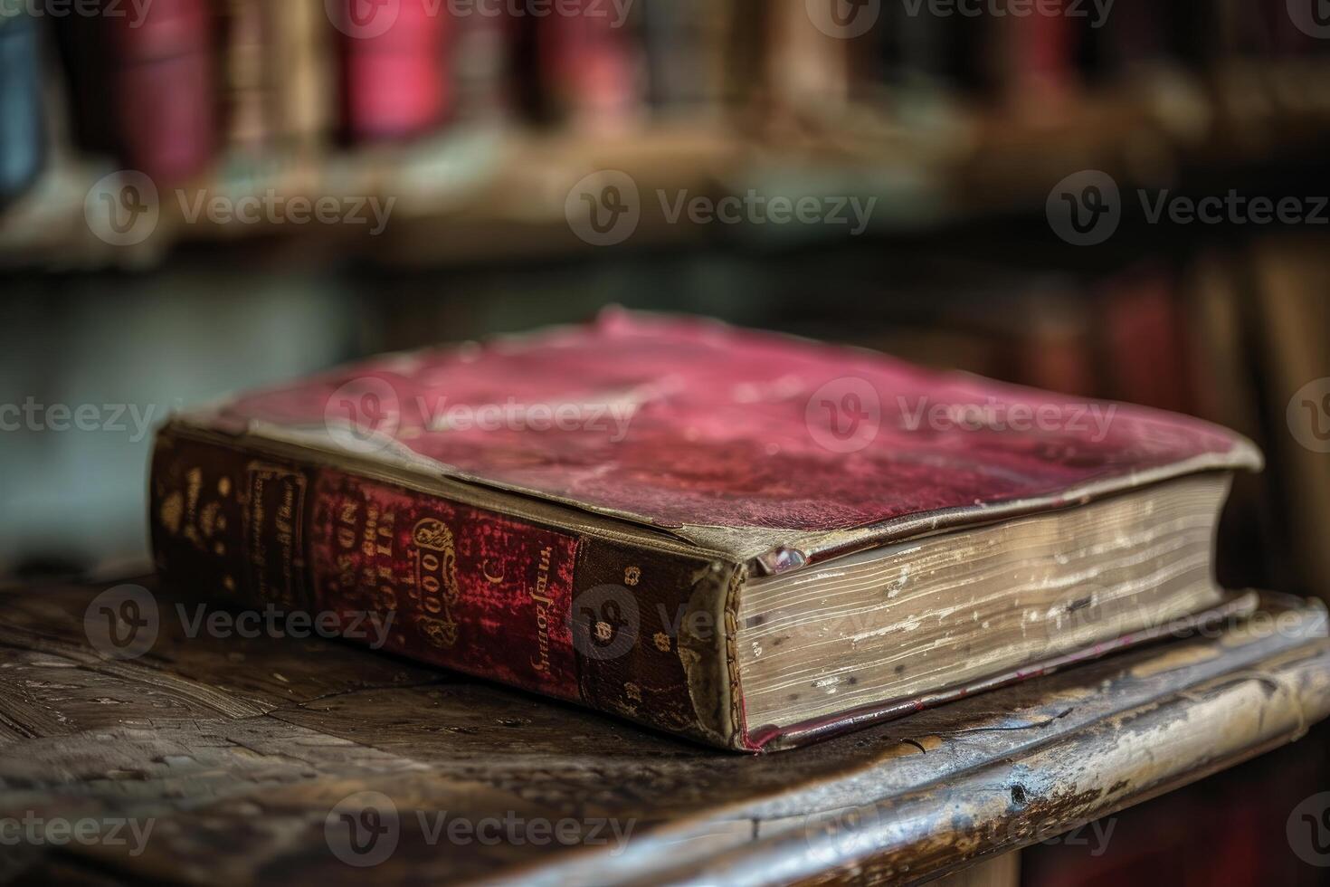 Old book resting on a wooden surface with books in the background photo