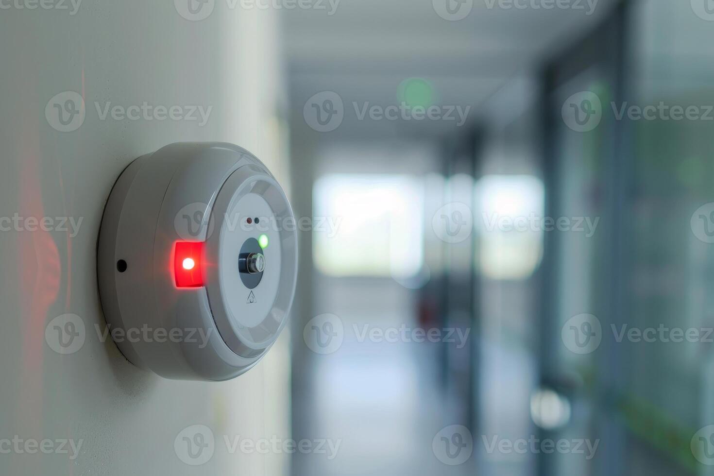 Fire alarm blinking red showing danger in office corridor photo