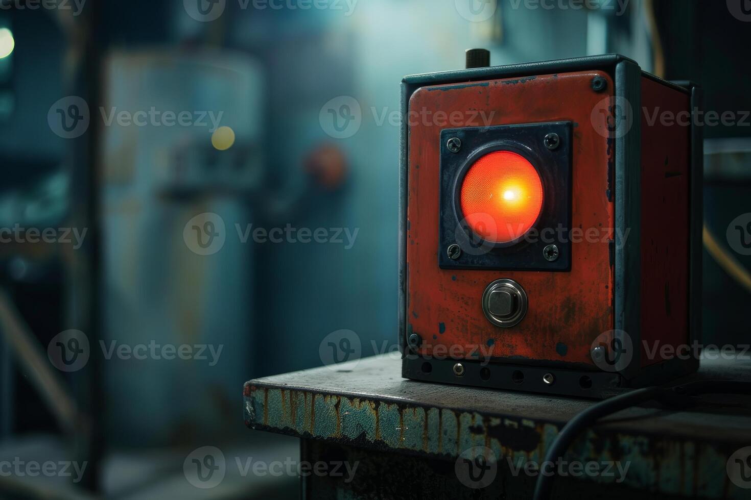 Red warning light blinking on machine in industrial factory photo