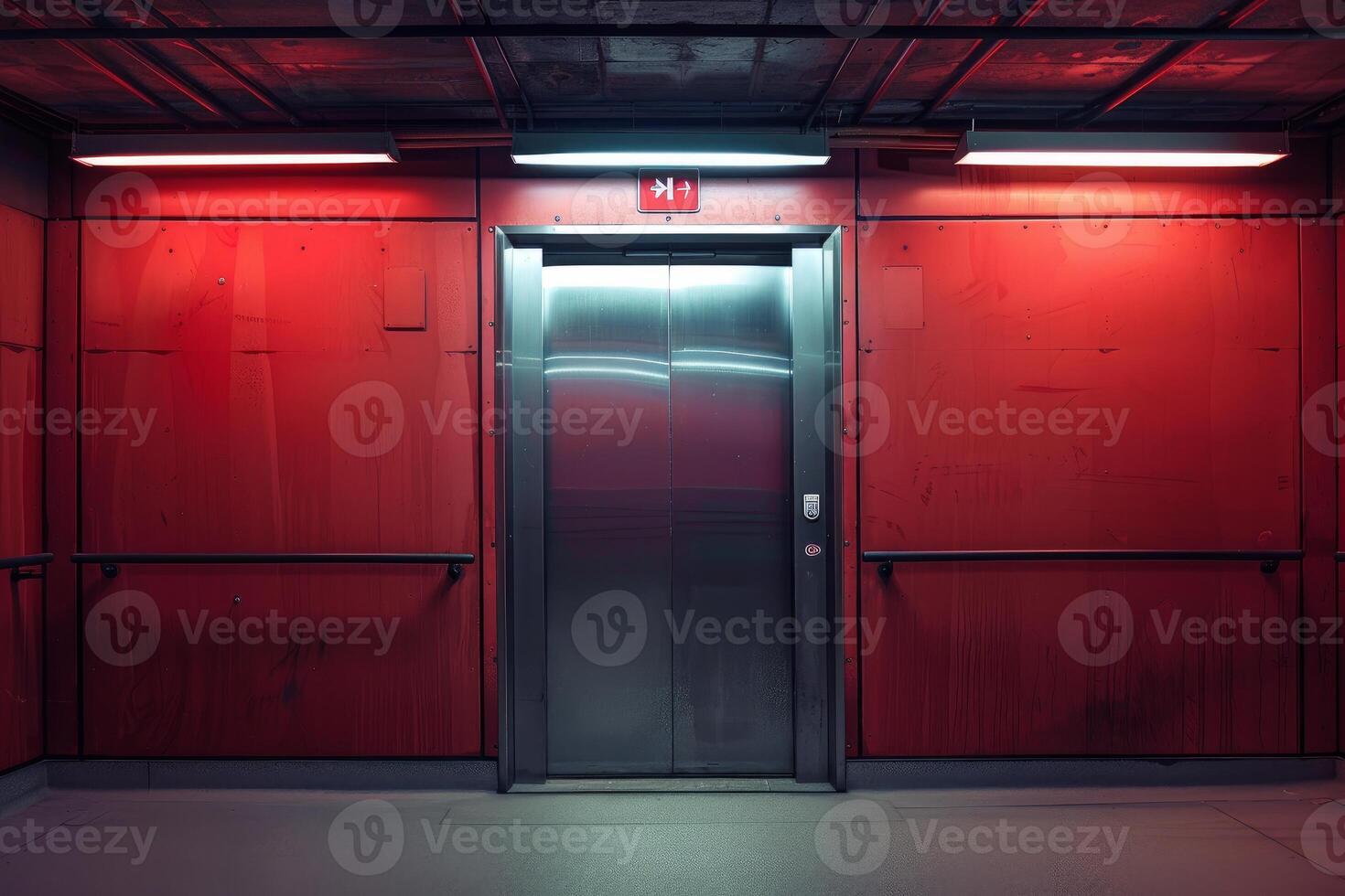 Modern elevator with red lighting in building photo