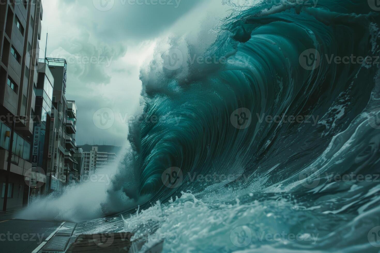Huge tsunami wave approaching and flooding a coastal city photo