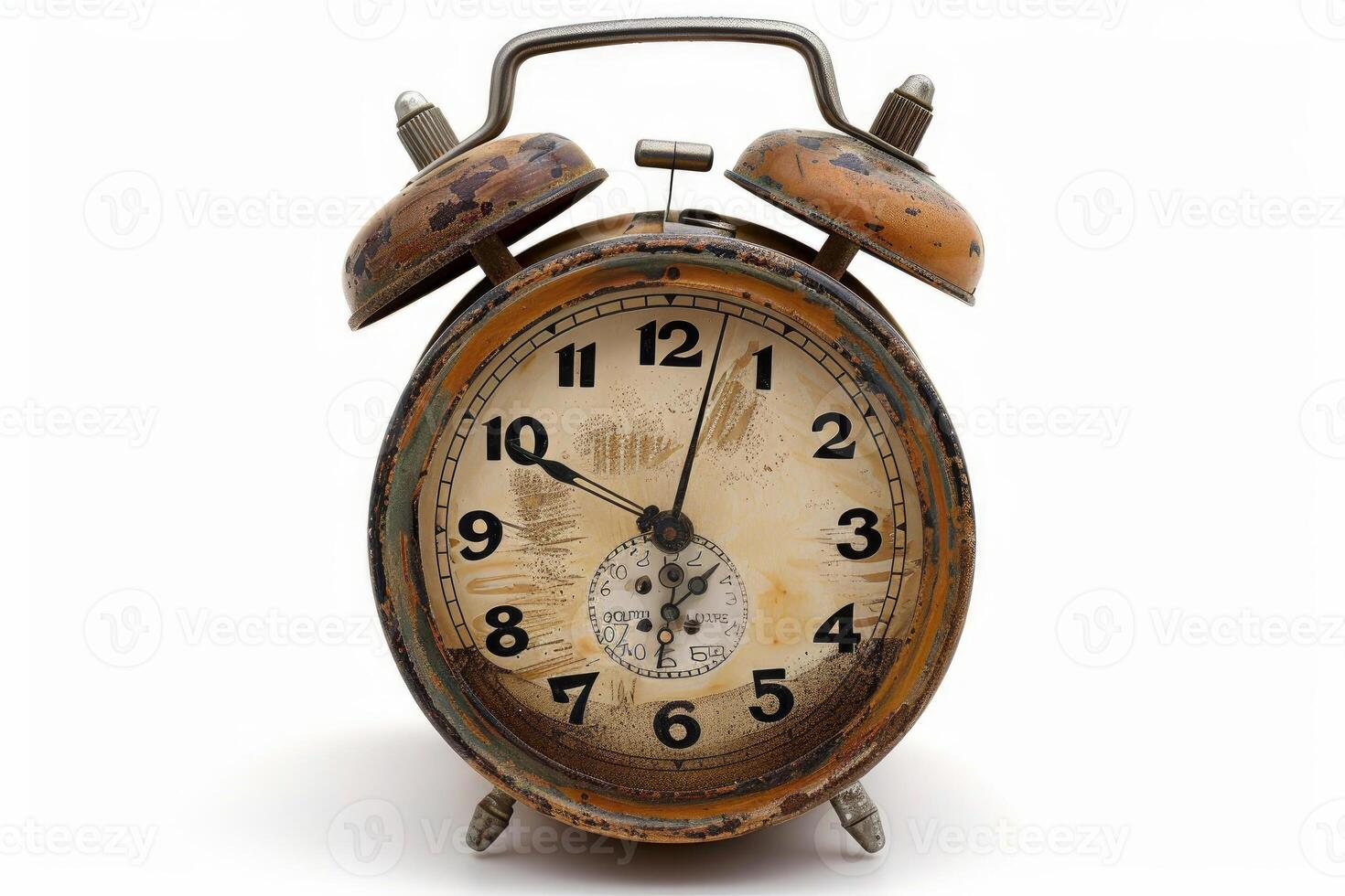 Old alarm clock showing time passing on white background photo