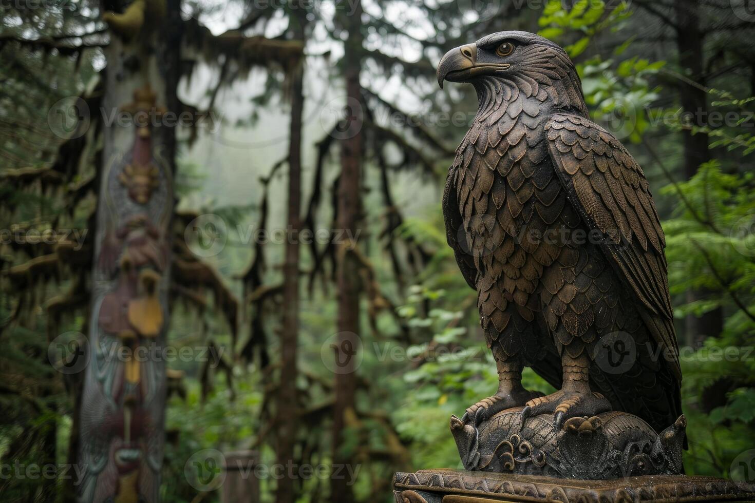Majestic bronze eagle statue standing in lush forest setting photo