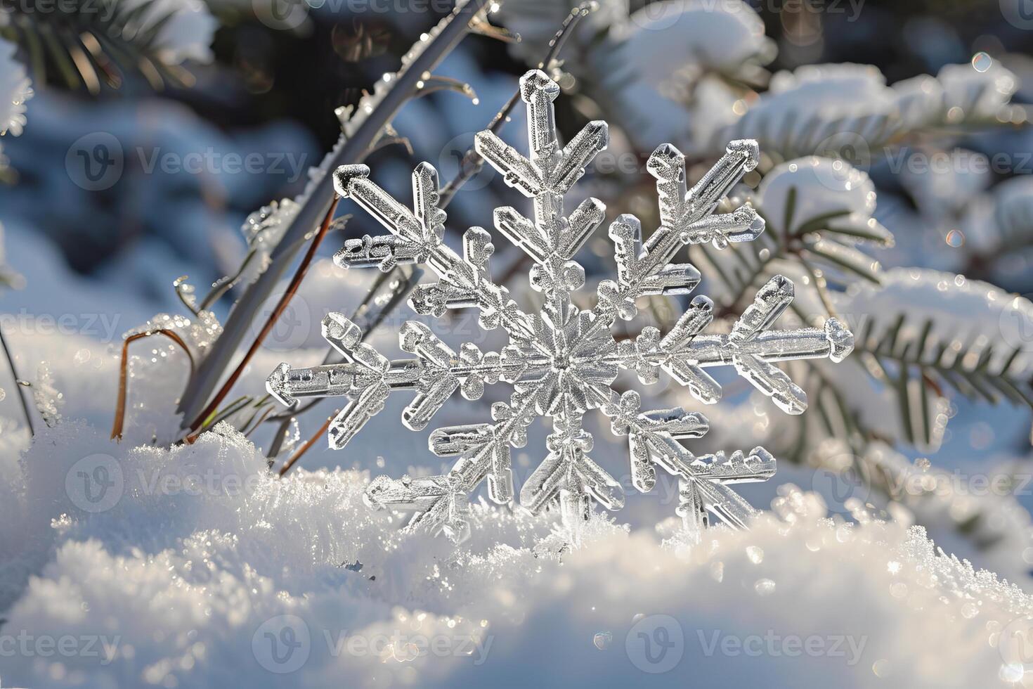 Crystal snowflake standing on snow with pine tree branches covered in snow in background photo