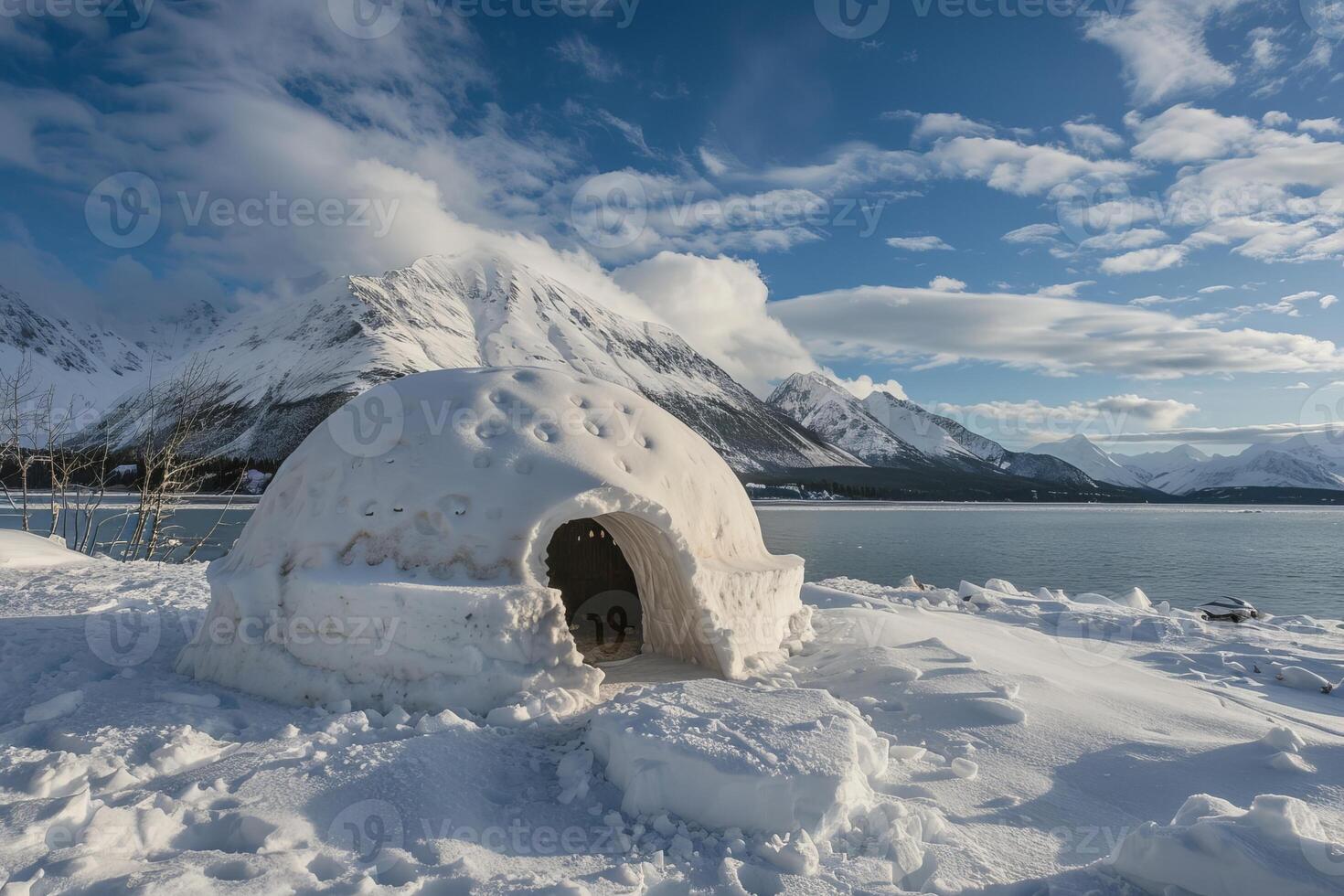 Traditional igloo standing on snow covered landscape with mountains reflecting in lake during winter photo