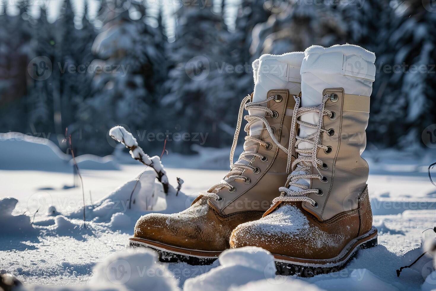 Pair of hiking boots standing on snow covered ground during winter photo