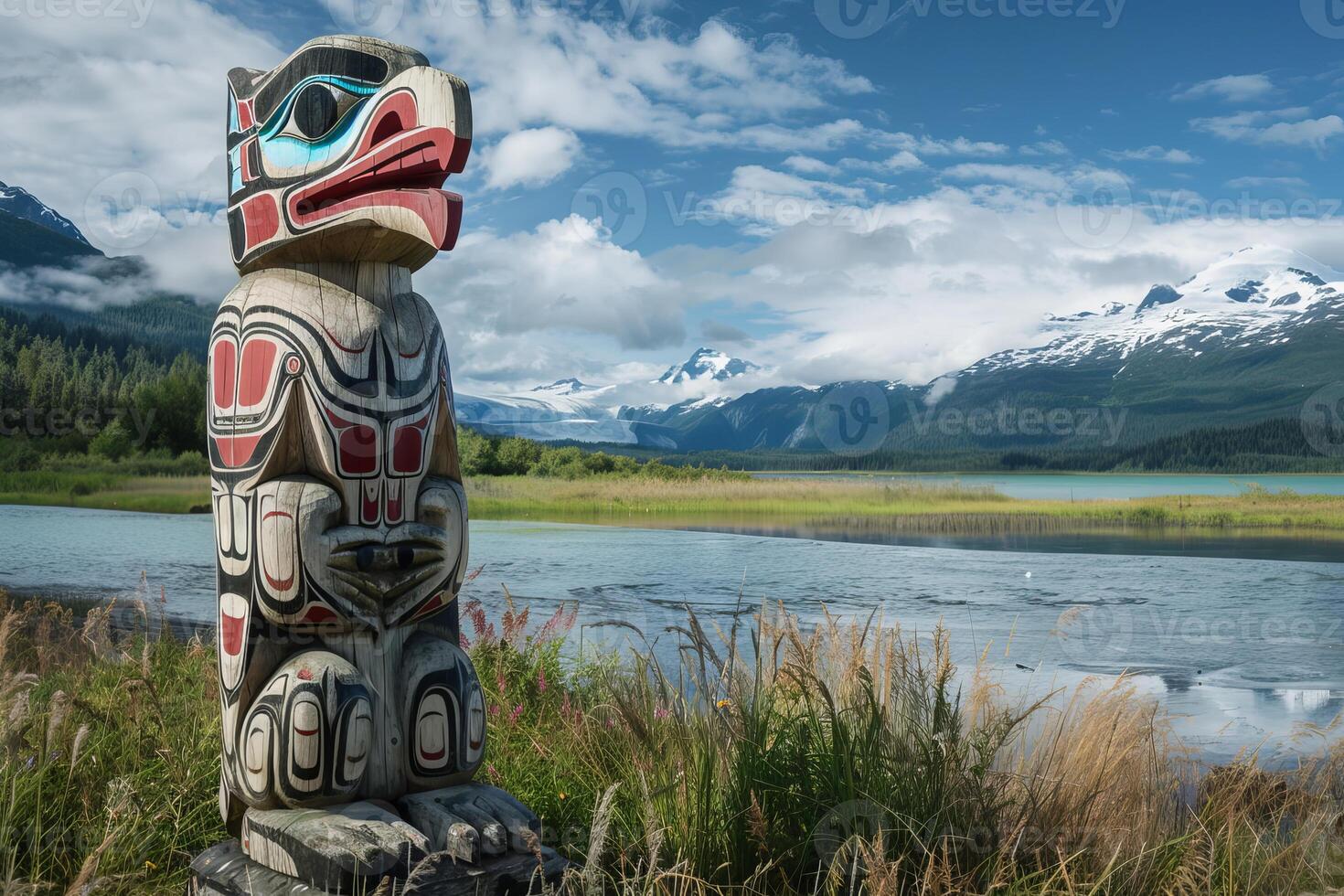 Traditional totem pole standing on the shore of an alaskan lake with mountains in the background photo