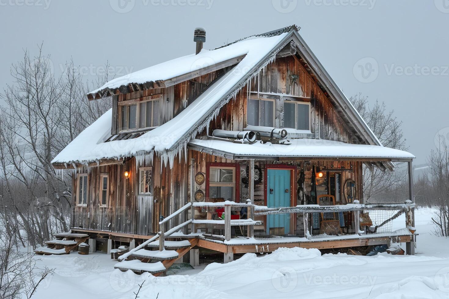 Quaint wooden cabin nestled in snow covered wilderness during winter photo