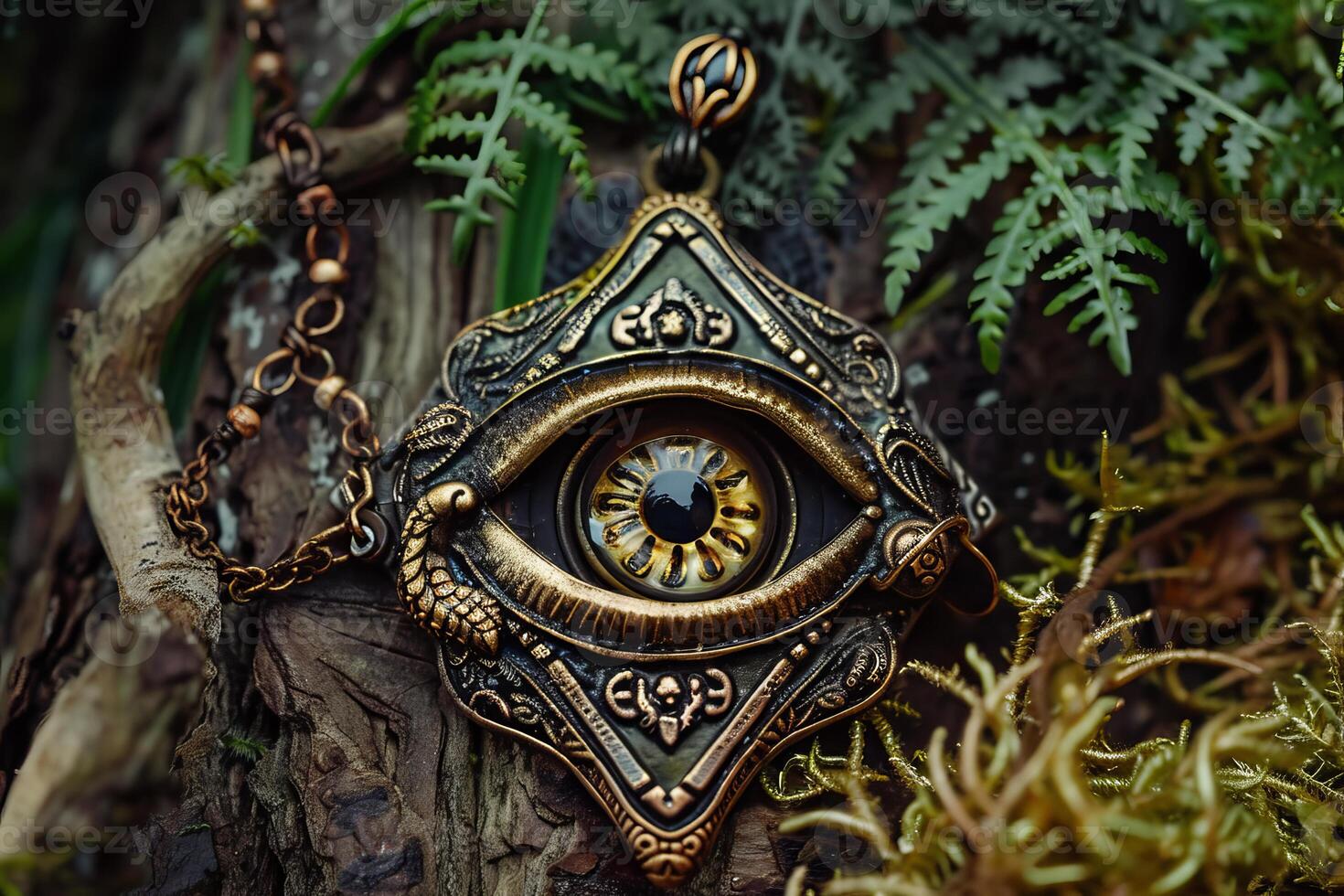Bronze pendant in the shape of an eye is lying on a forest floor photo