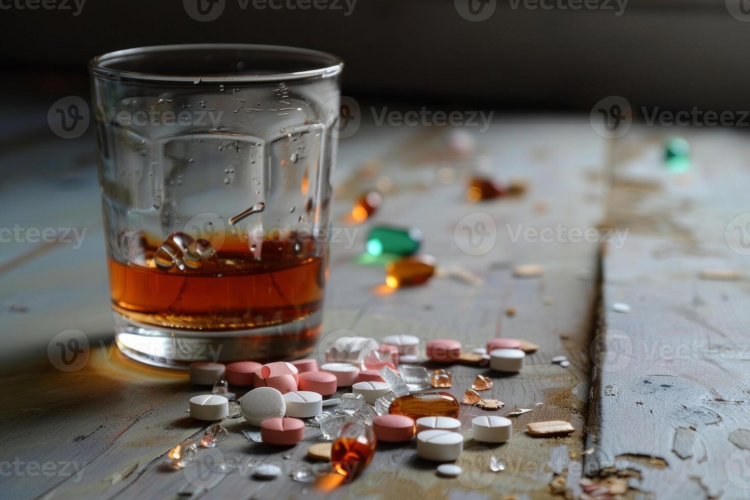 Glass of alcohol surrounded by pills and broken glass on worn table photo