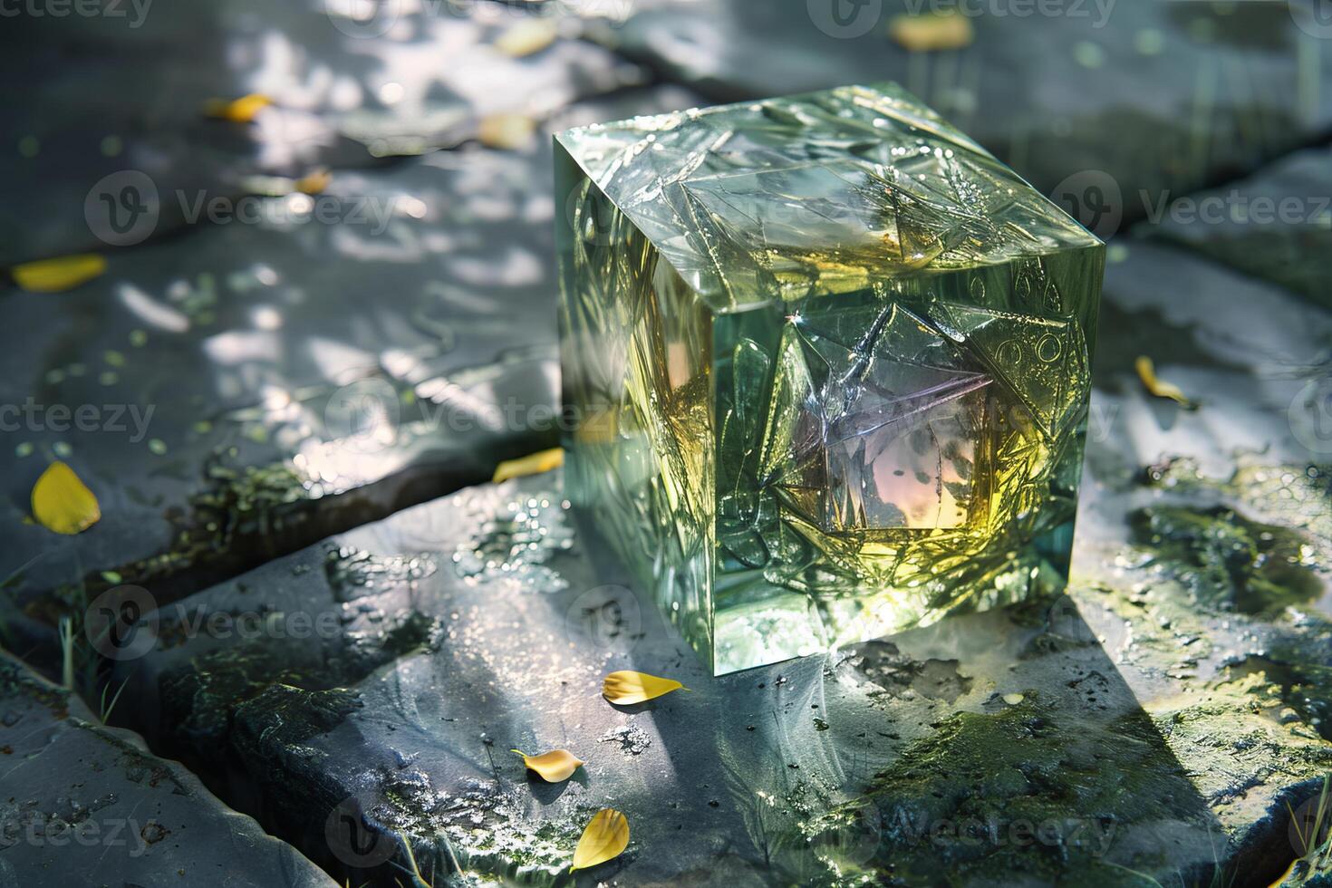 Green glass cube glittering on stone path with yellow petals photo