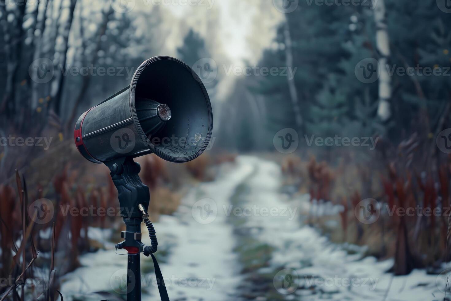 Megaphone standing on tripod broadcasting in snowy forest photo