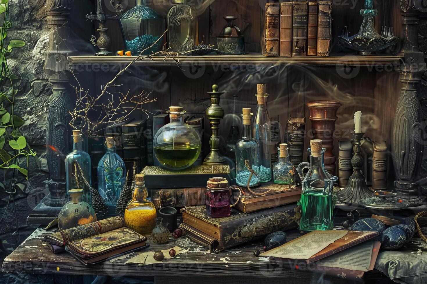 Alchemist working place with open book, potions and old manuscripts on table surrounded by smoke photo