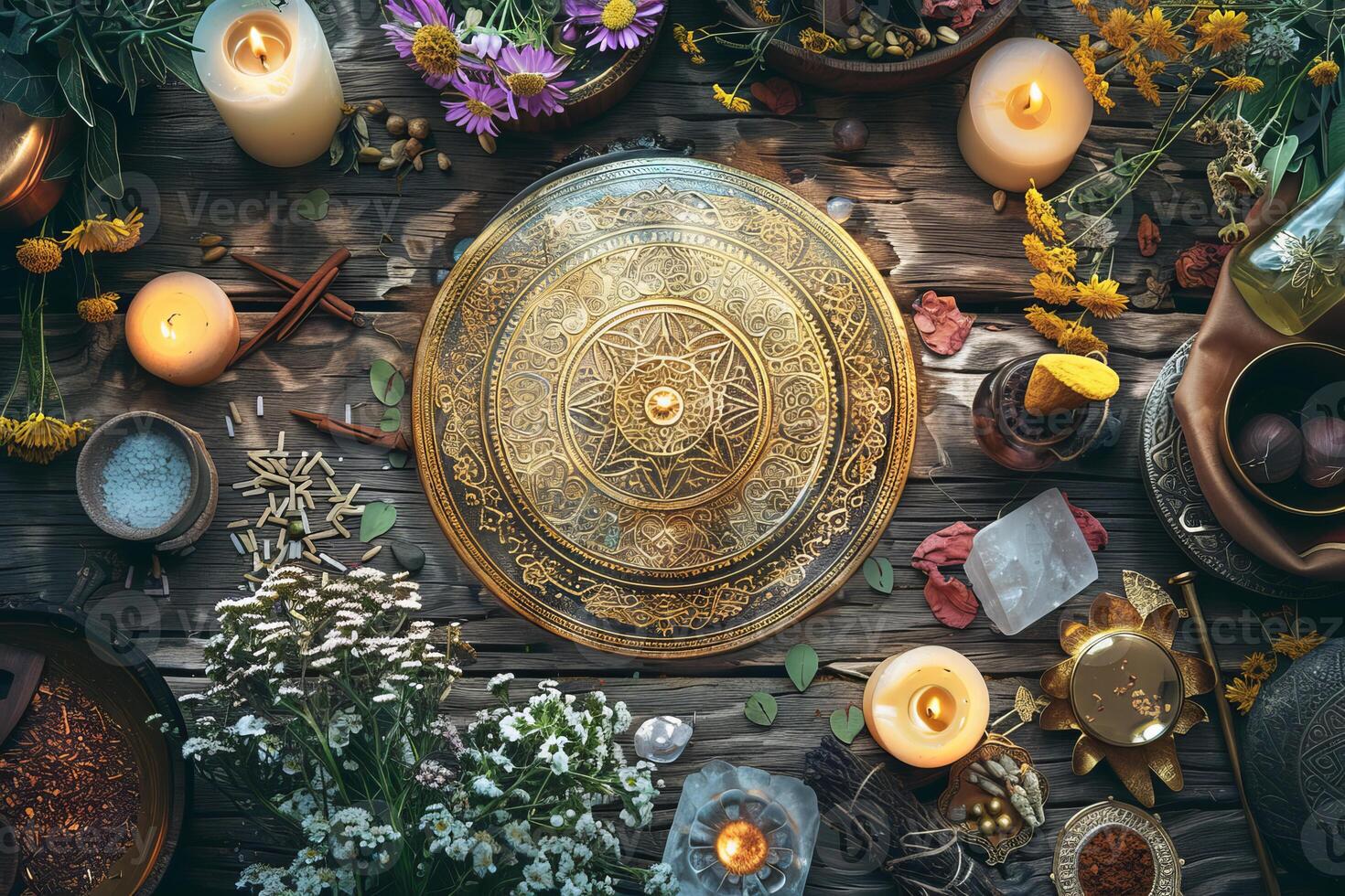 Spiritual background showing ayurveda concept with singing bowl and herbs on wooden table photo