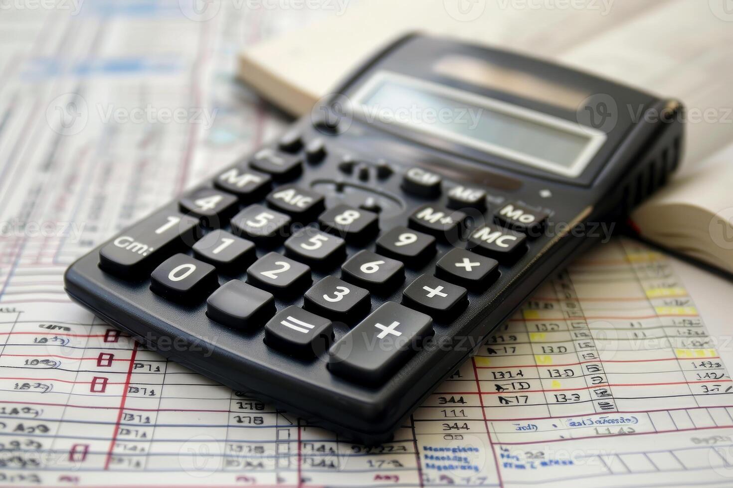 Calculator laying on top of financial spreadsheet for budgeting photo