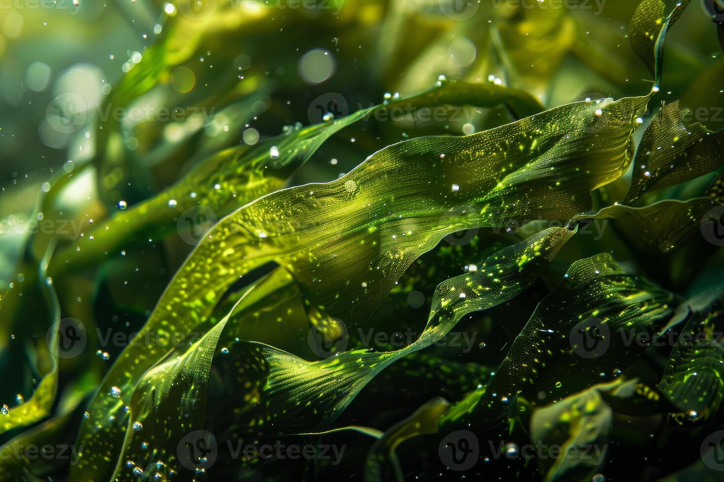Sun beams shining through a dense underwater kelp forest photo