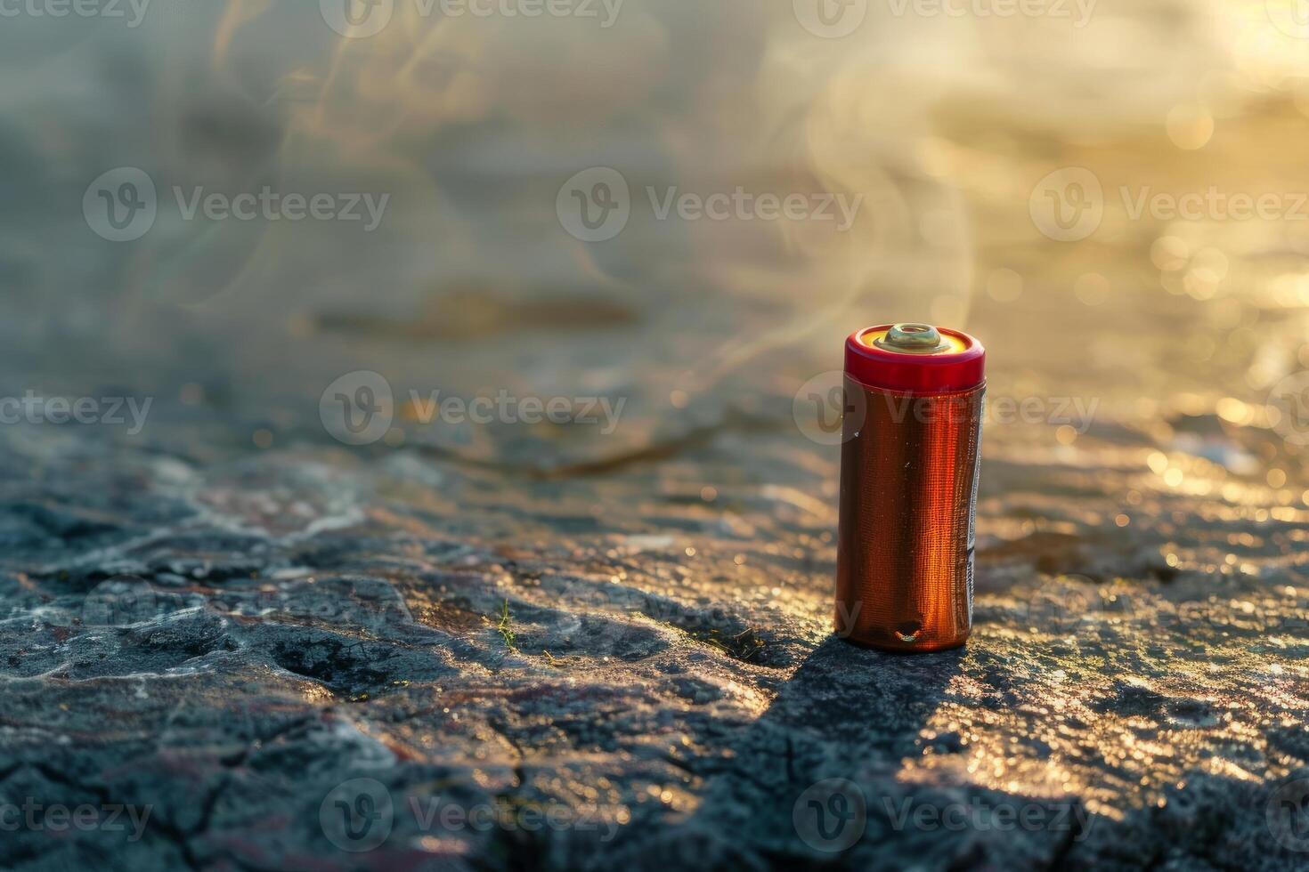 Lithium battery emitting smoke standing on stone at sunset time photo