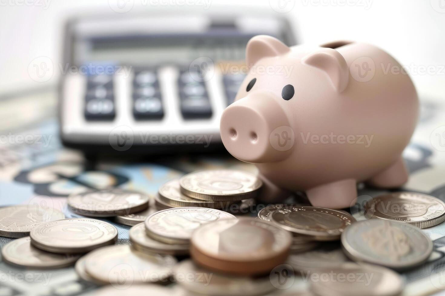 Piggy bank standing on a pile of coins with calculator and banknotes in the background photo