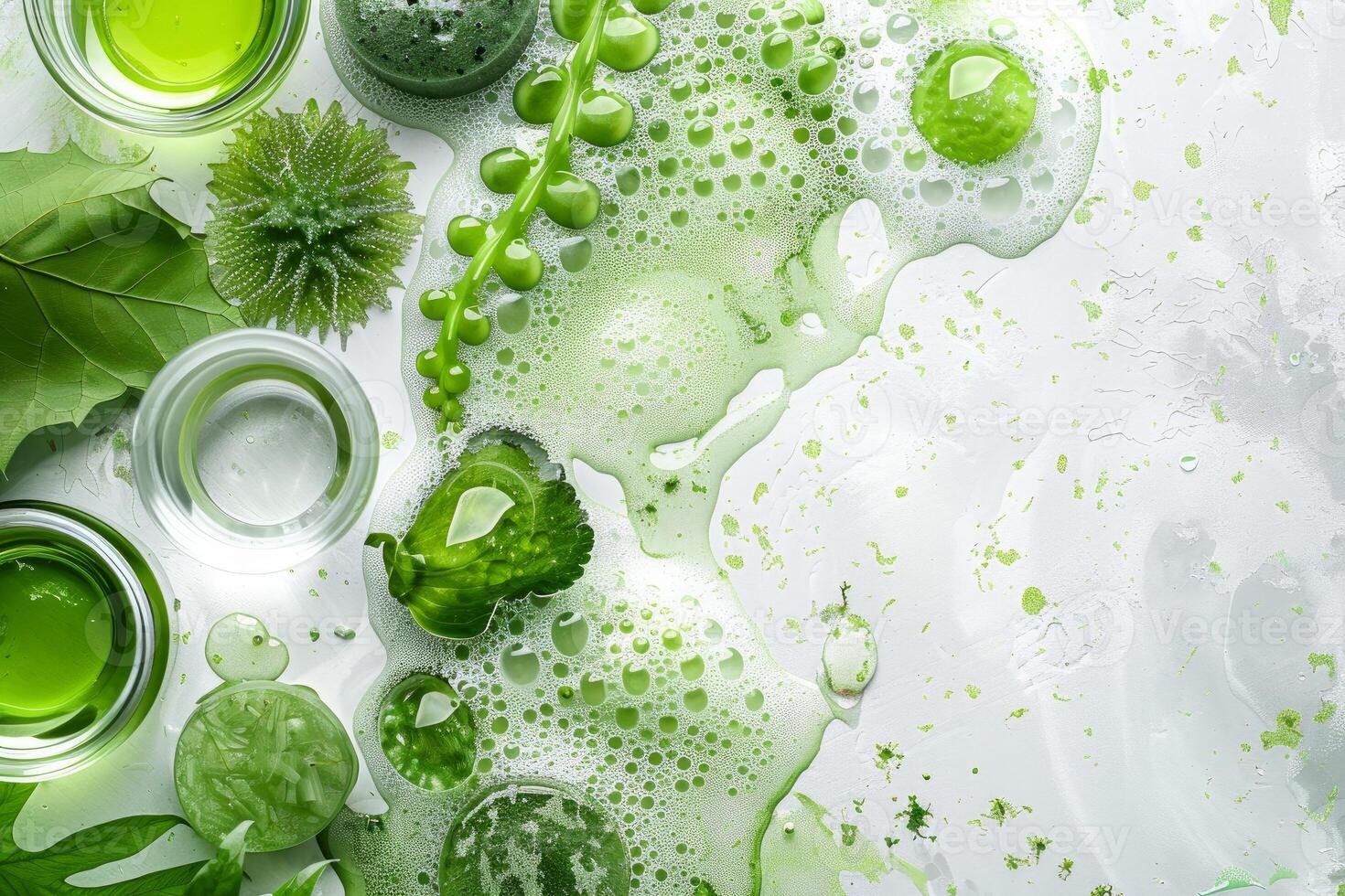 Natural vegan organic green cosmetics concept spa background with foam, essential oil and green leaves on white background photo