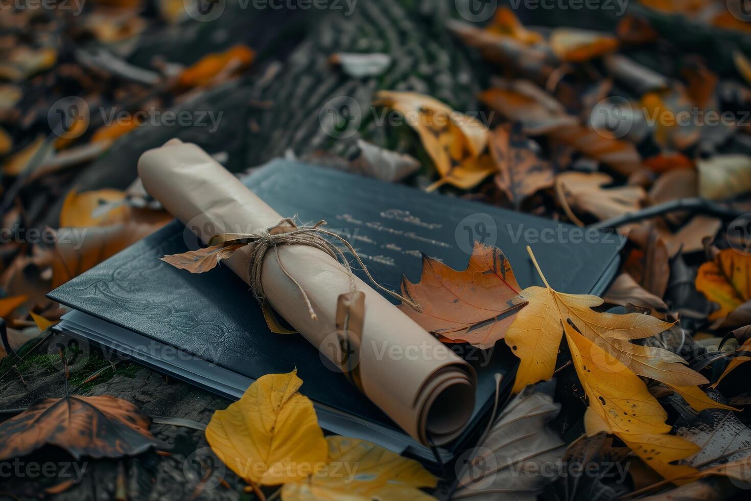 Old book and paper scroll lying on the ground covered with autumn leaves photo