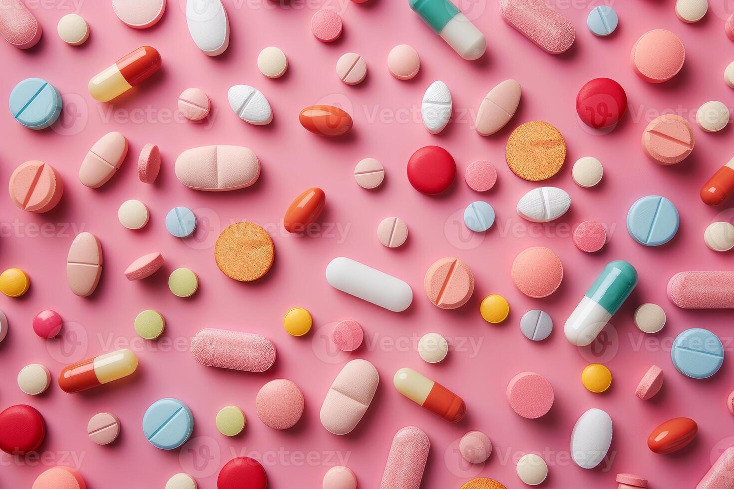 Various medicine pills and capsules lying on pink background photo