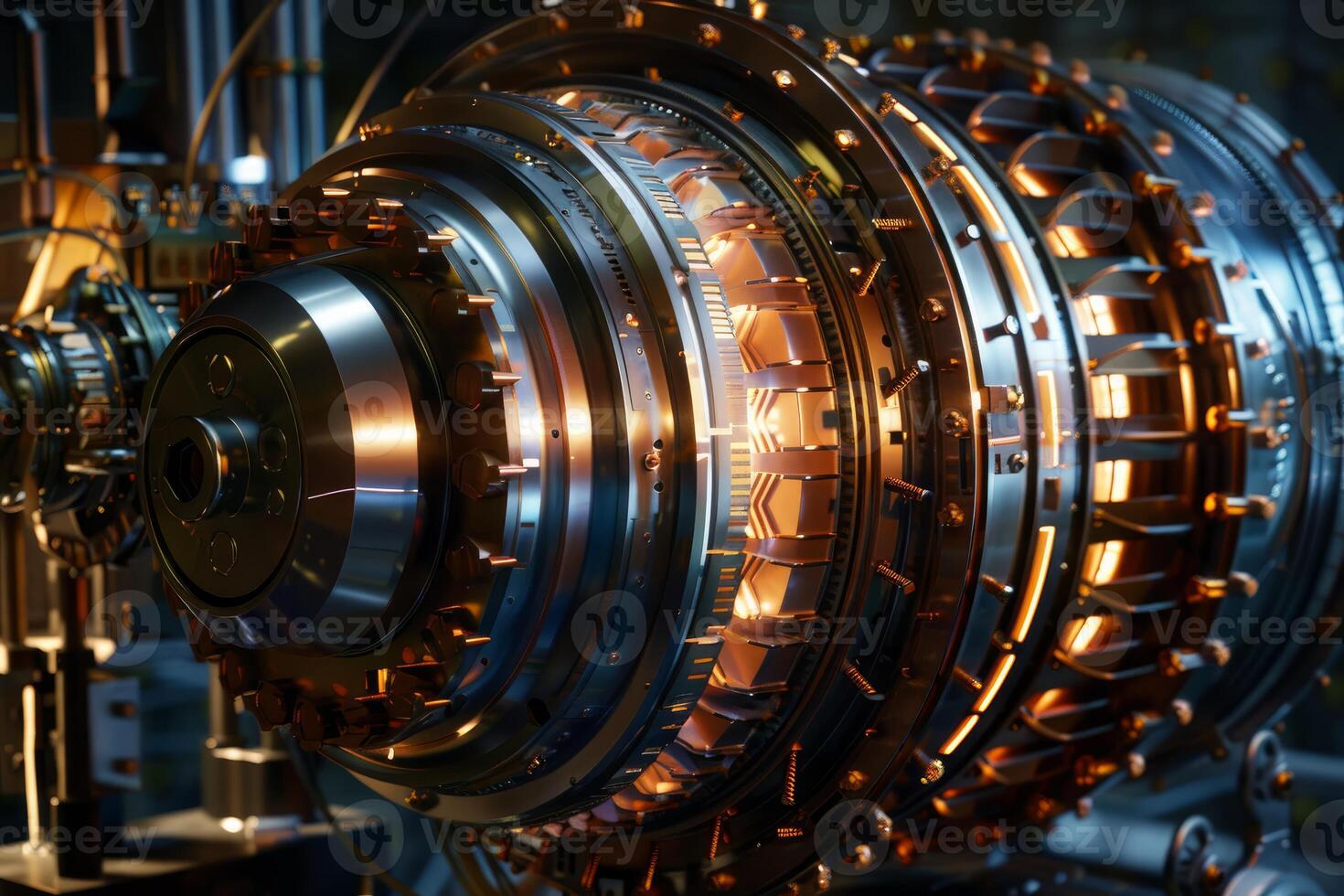 Powerful industrial engine glowing at night in a factory photo