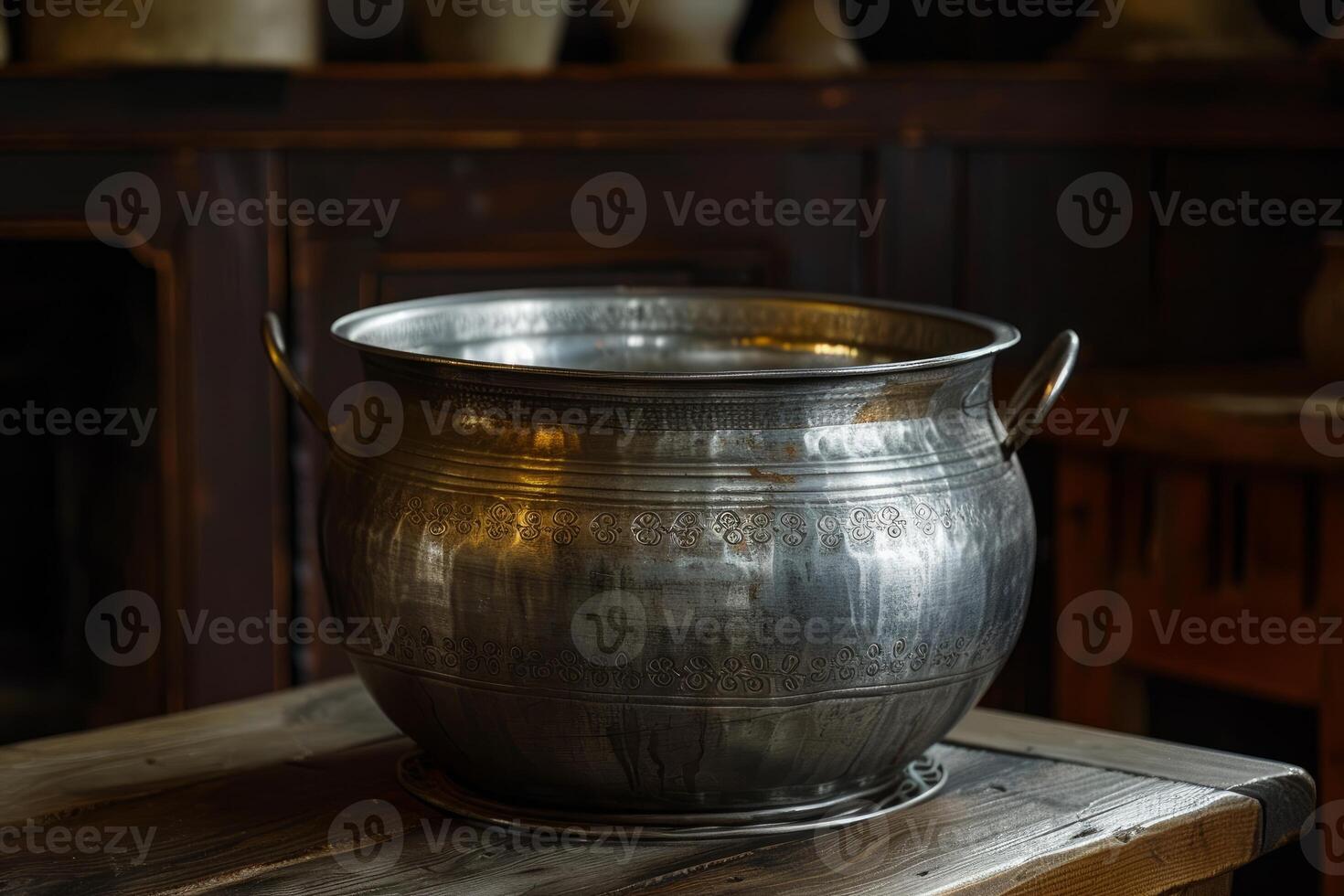 Antique metal pot sitting on rustic wooden table in workshop photo