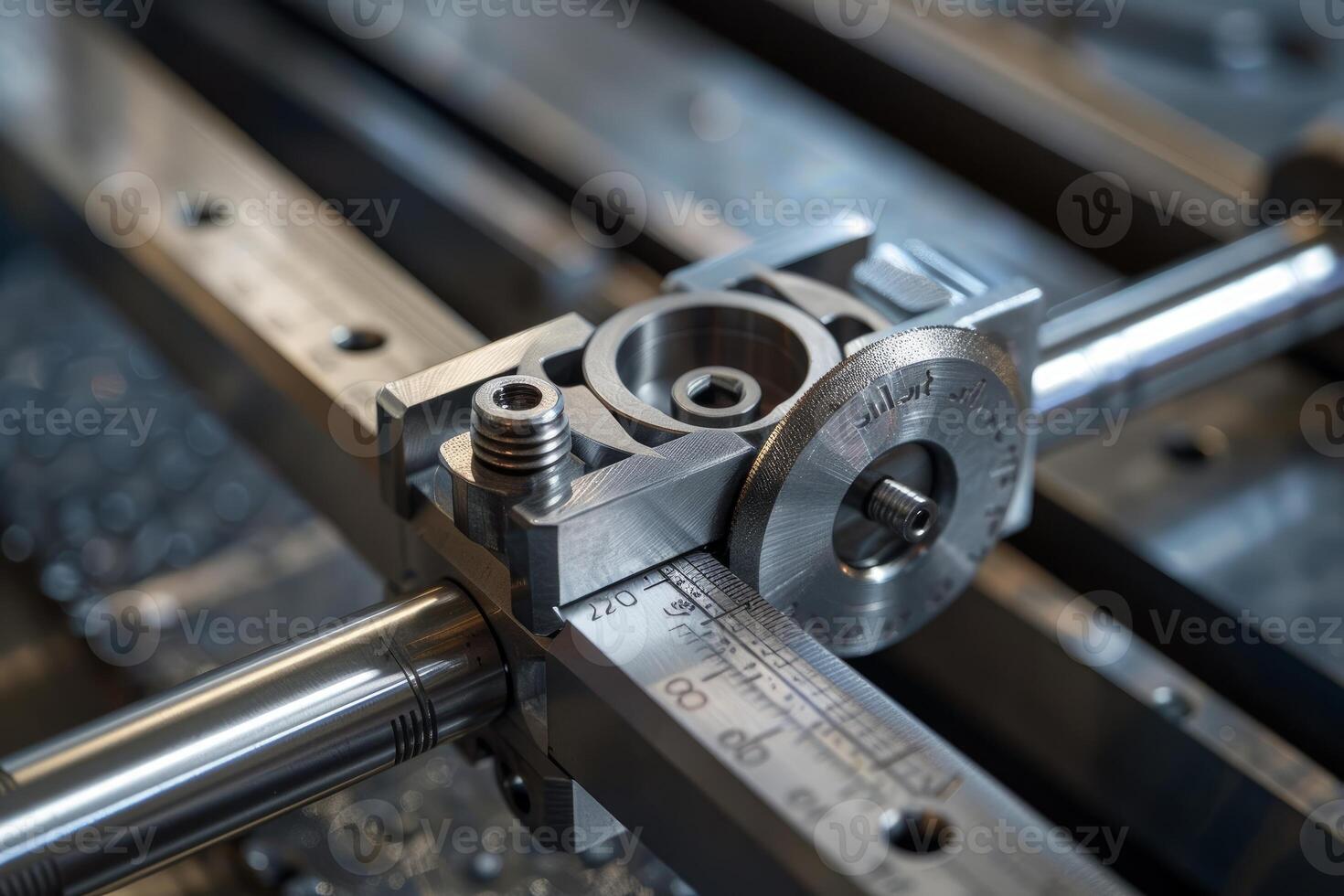 Metal rod being measured with industrial tool and ruler photo
