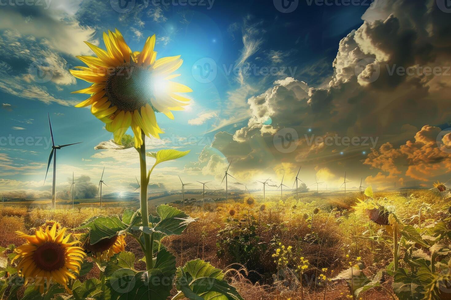 Sunflower field is generating clean energy with wind turbines photo