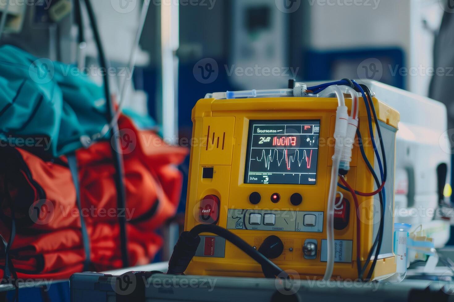 Defibrillator showing vital signs in blurred emergency room background photo