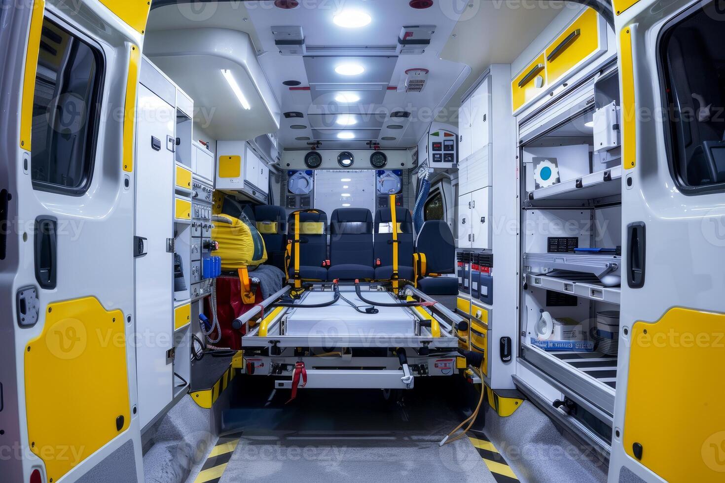 Inside of an ambulance showing medical equipment and stretcher for transporting patients photo