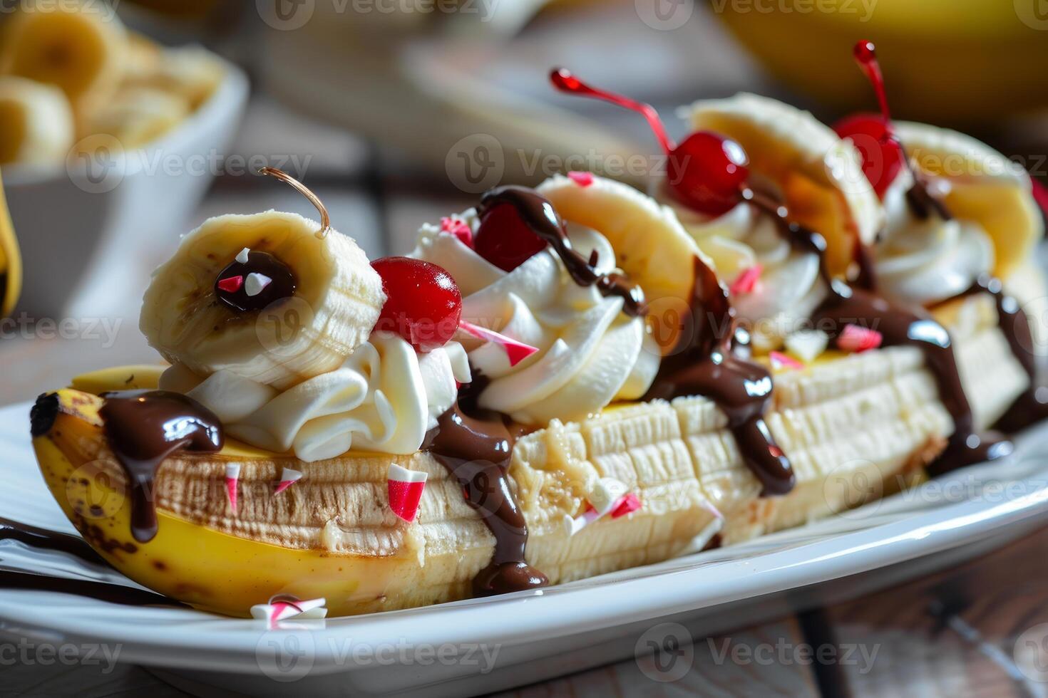 Banana split decorated with whipped cream, chocolate sauce and maraschino cherries being served on white rectangular plate photo