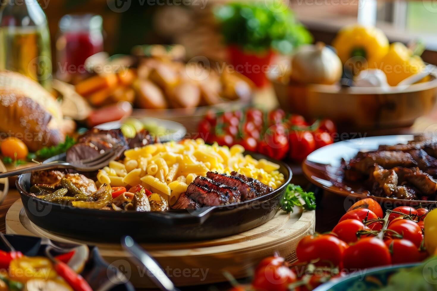 Restaurant offering hearty meal with grilled steak, pasta, and vegetables photo