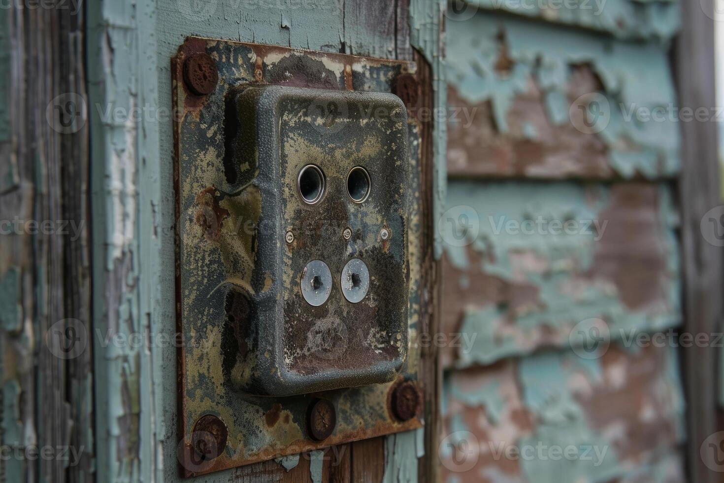 Old rusty electrical outlet is mounted on a wall with peeling paint photo