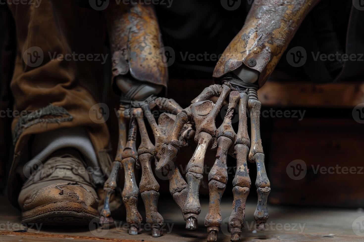 Skeleton hands resting on wooden surface in workshop photo