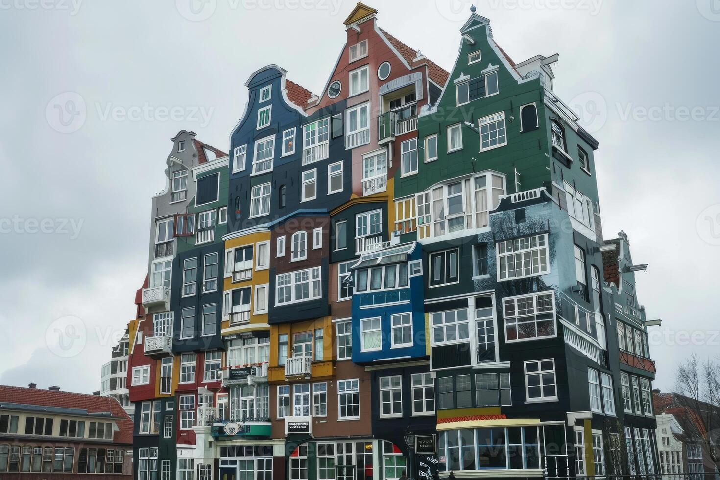 Colorful crooked houses standing in amsterdam photo