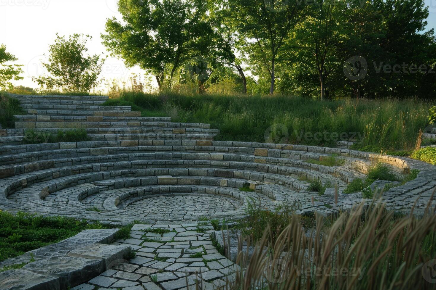 Open air stone amphitheater surrounded by lush green trees in park photo