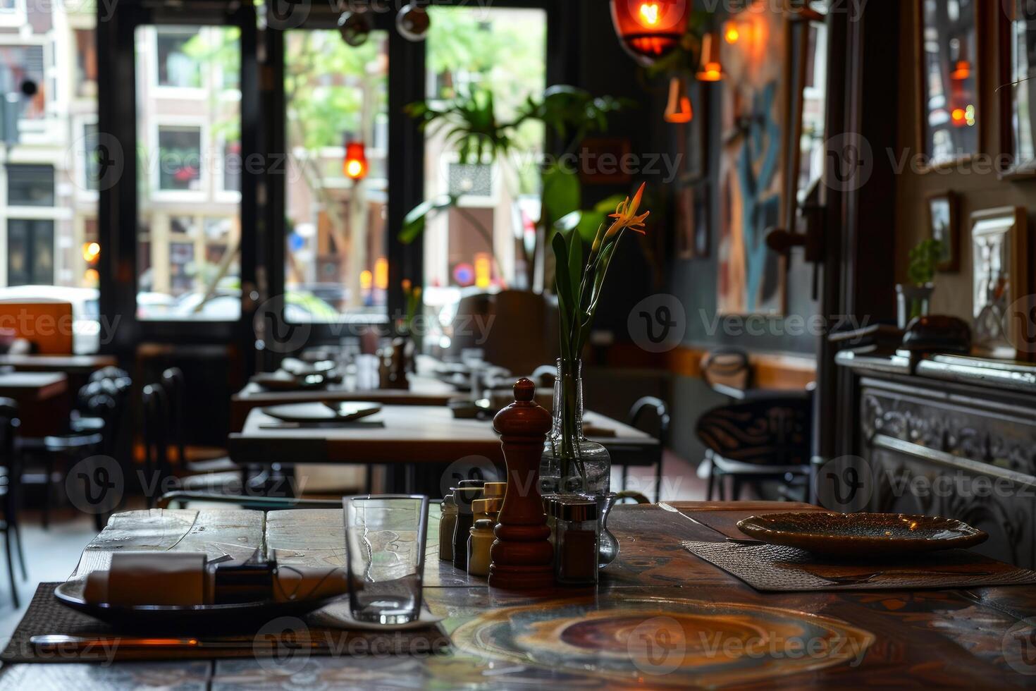 Empty tables awaiting diners in stylish restaurant interior photo