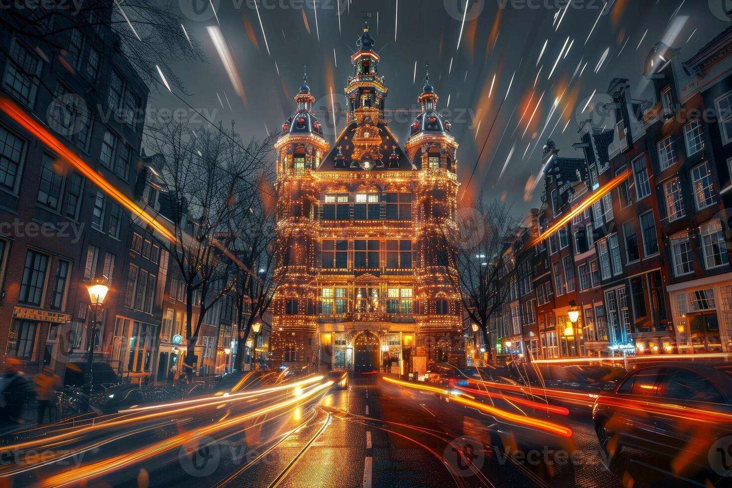 Illuminated building with christmas lights illuminating busy city street at night photo