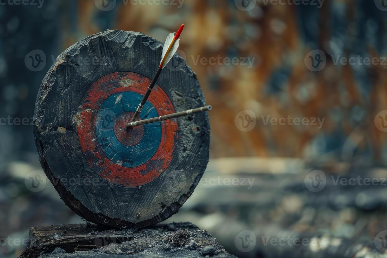 Two arrows hitting an old target standing on a tree stump in the woods photo
