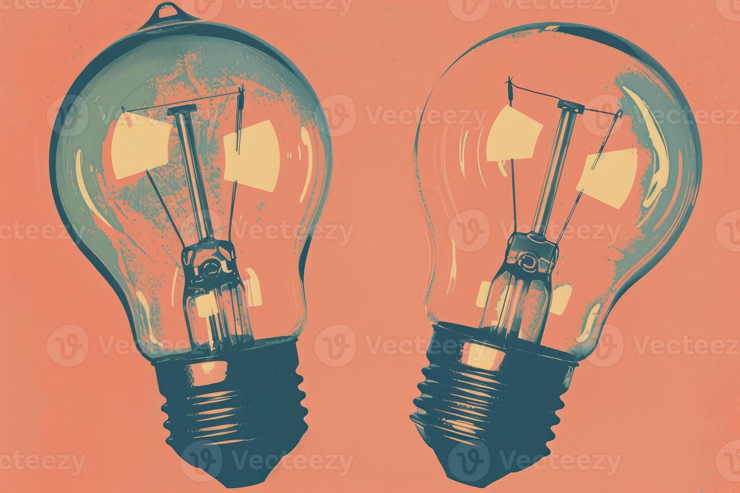 Two light bulbs hanging comparing ideas concept on red background photo