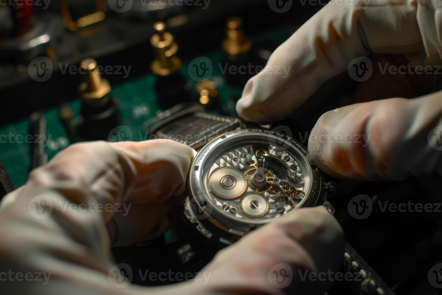 Watchmaker repairing mechanical wristwatch in workshop photo