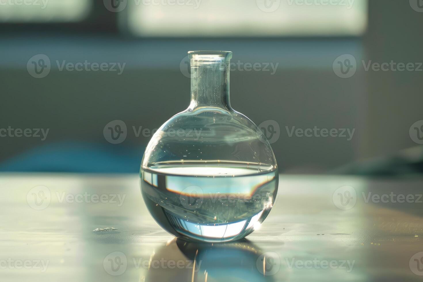 Round bottom flask containing liquid sitting on table in laboratory photo