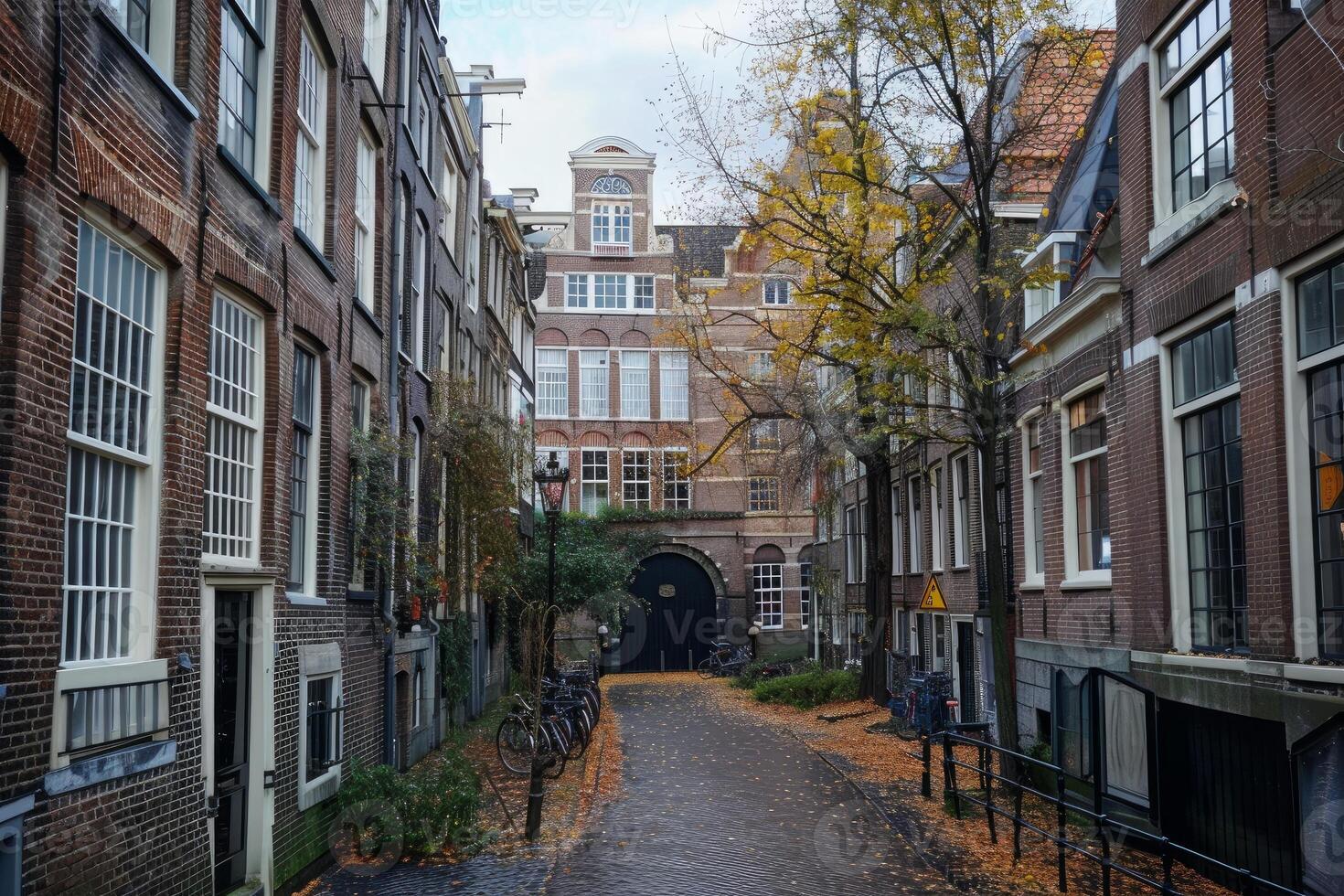 Narrow street with brick buildings and fallen autumn leaves in amsterdam photo