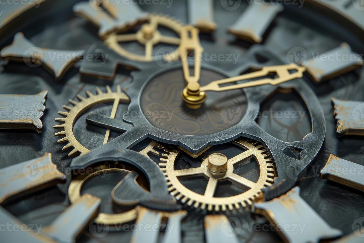 Clock mechanism showing cogs and hands moving photo