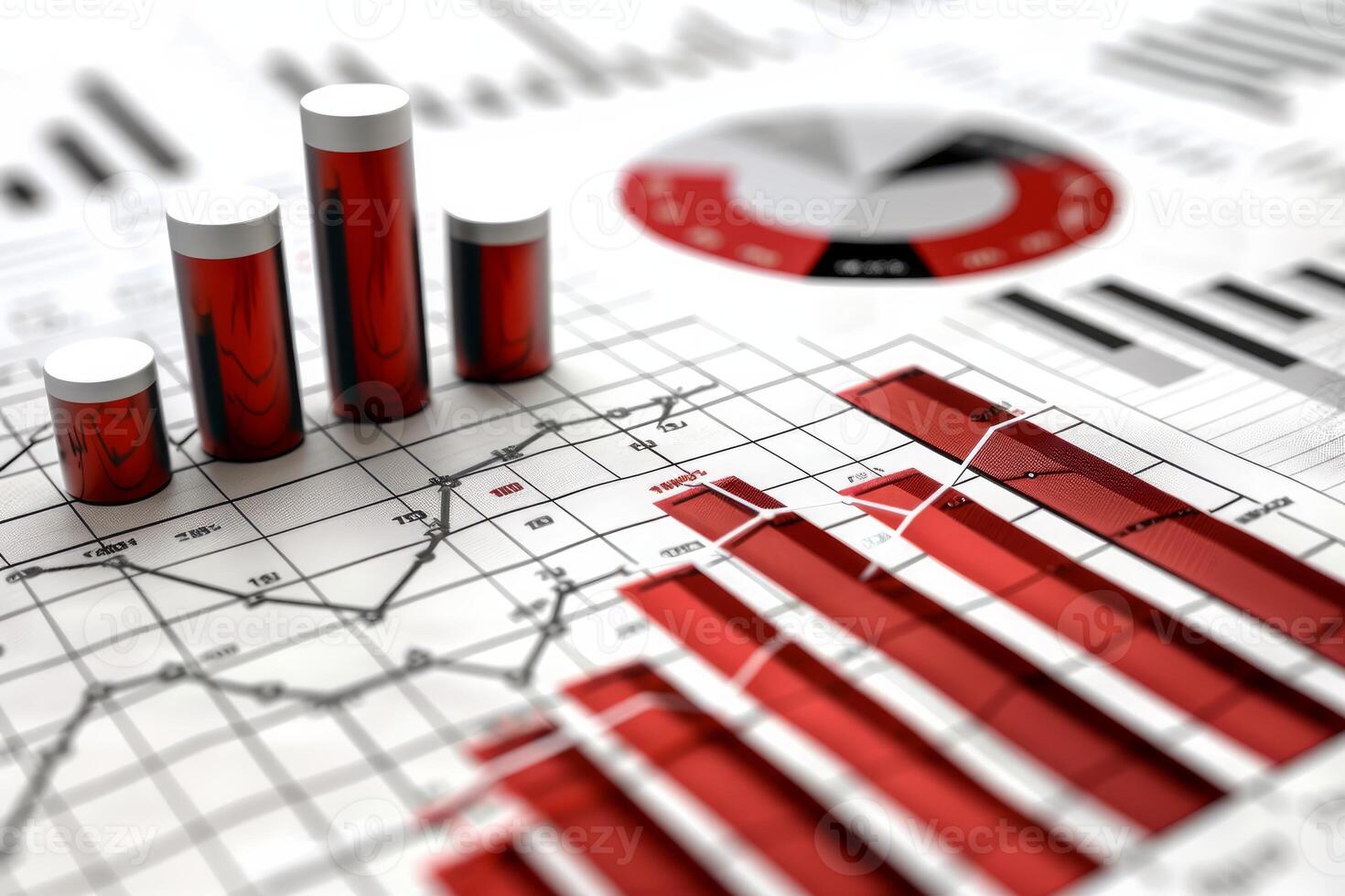 Financial report showing red chart going up with three cylinders photo